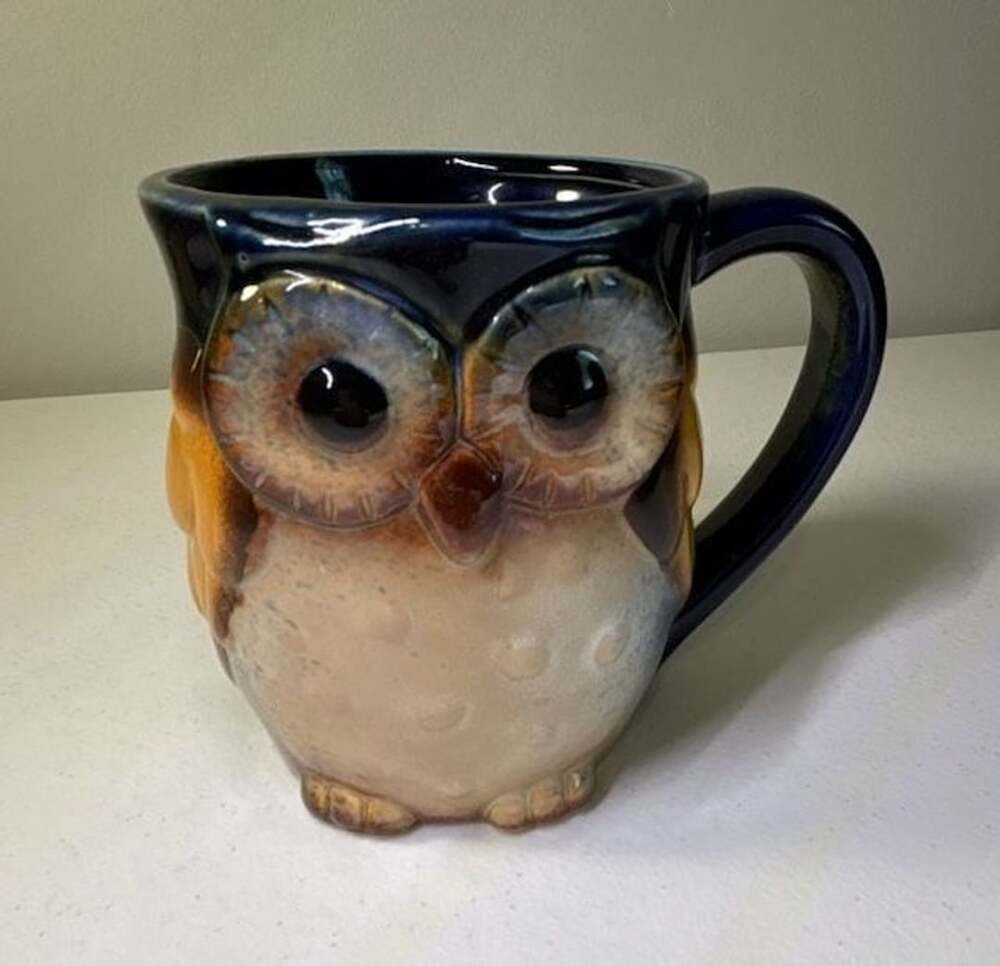 Owl Coffee Mug Blue Brown Ceramic